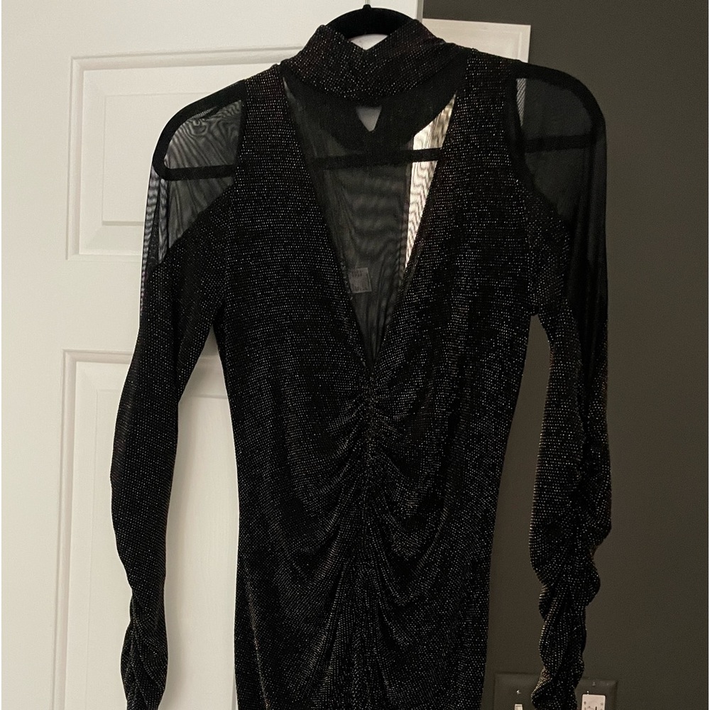 Black body con after 5 dress with gold tinsel-weave.